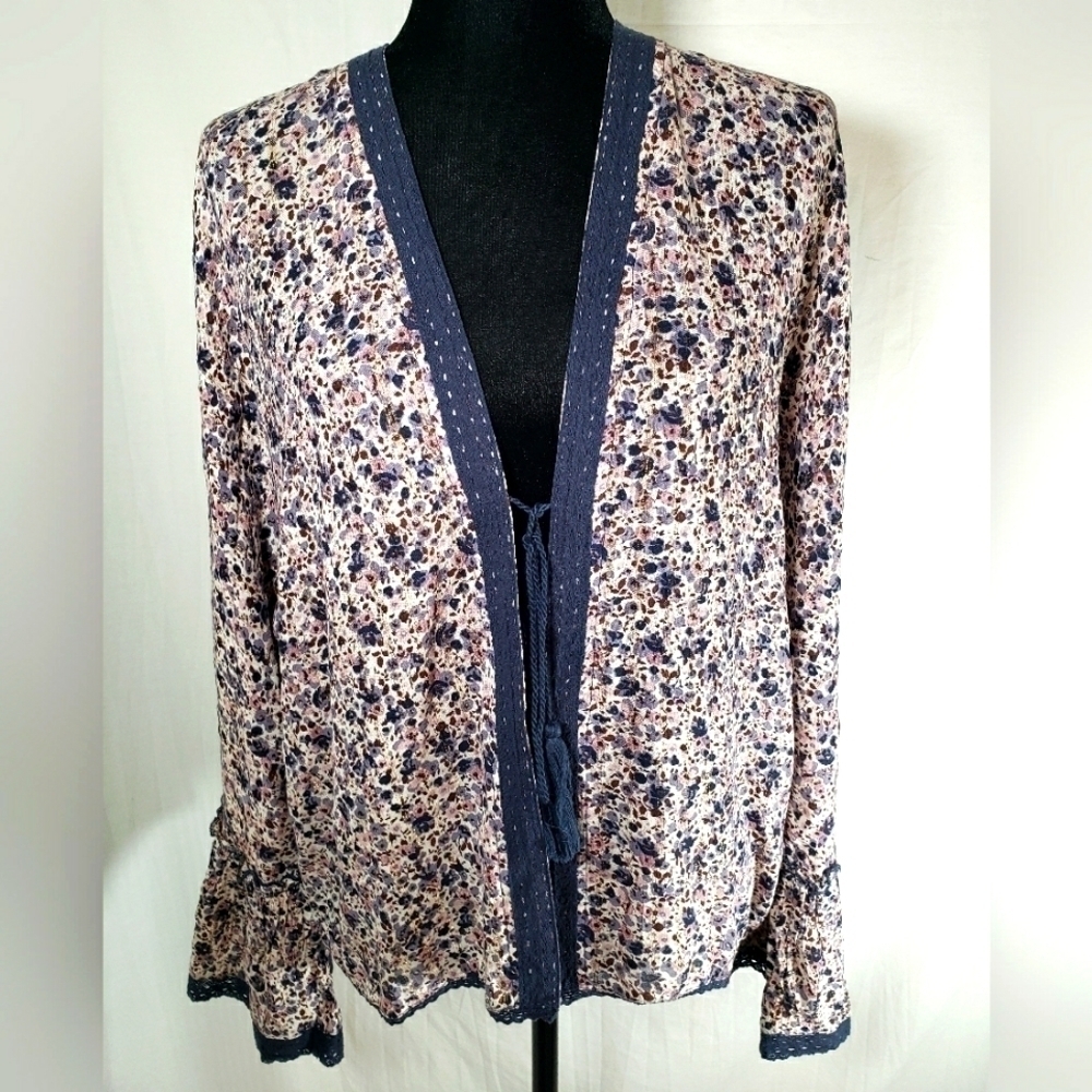 Nalini Navy and Pink with Gold Shimmer Open Front w/Tie Closure One Sz Fits All
